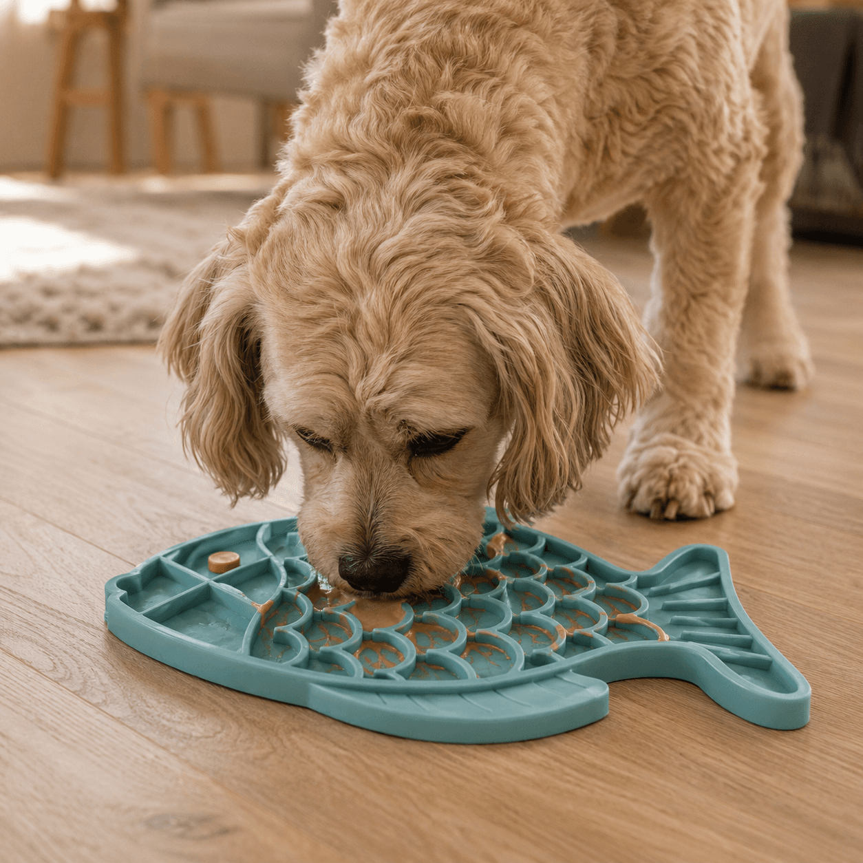 A dog calmly using the Soothe Mat at home
