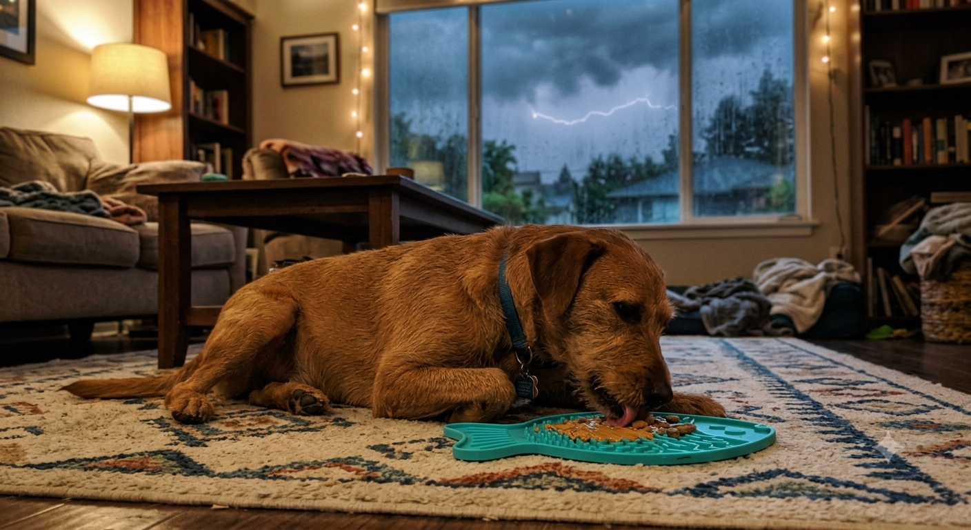 A calm dog licking a teal fish shaped Soothe Mat on the rug while a thunderstorm passes the window