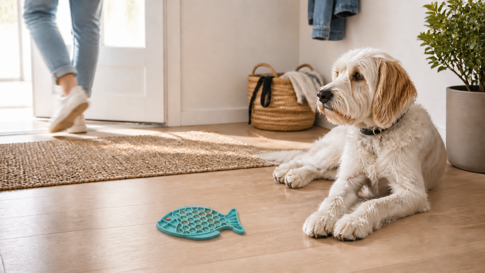 A dog beside a correctly sized teal fish lick mat while its owner leaves