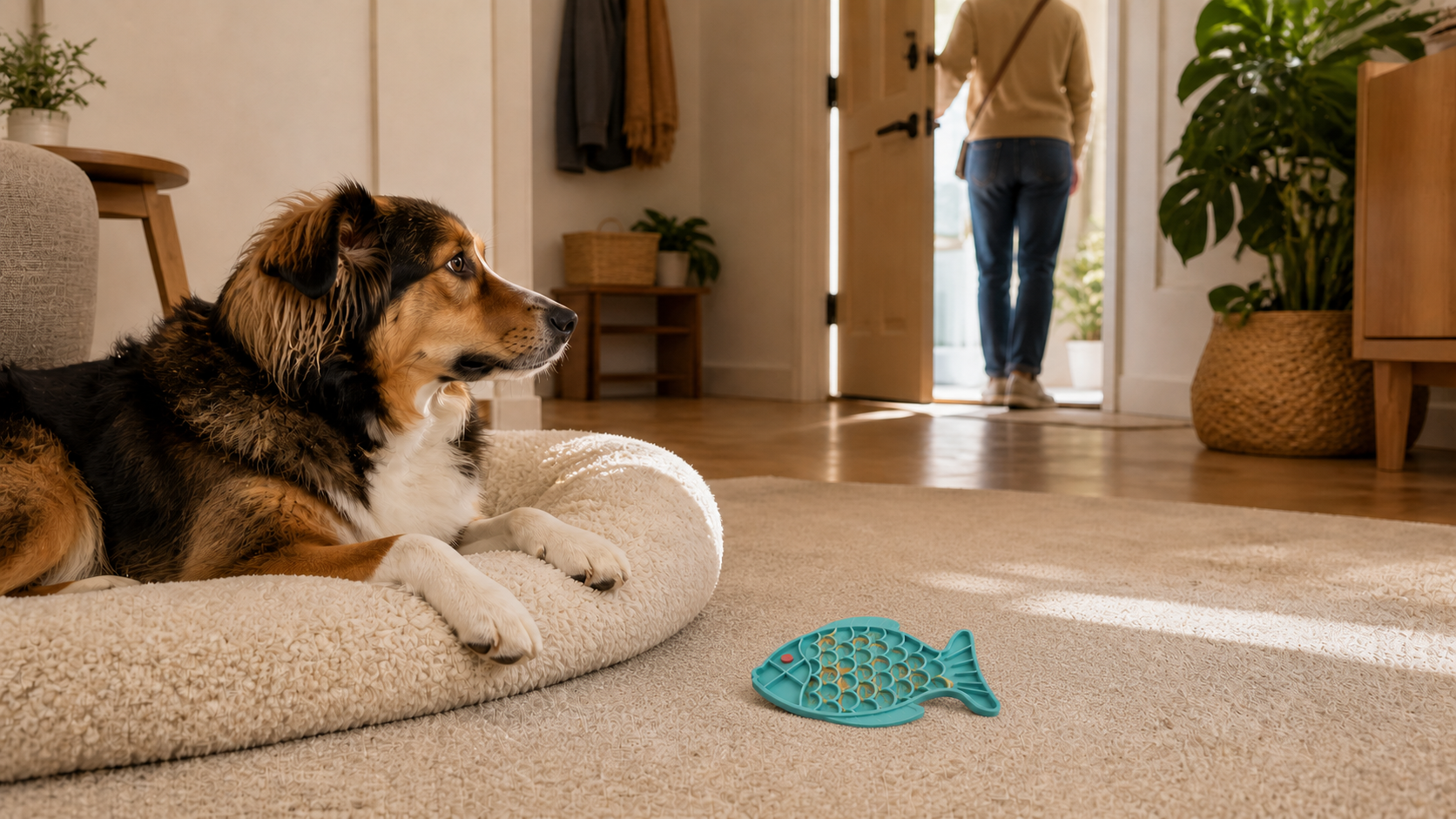 A calm dog near a correctly sized teal fish lick mat during a short doorway absence