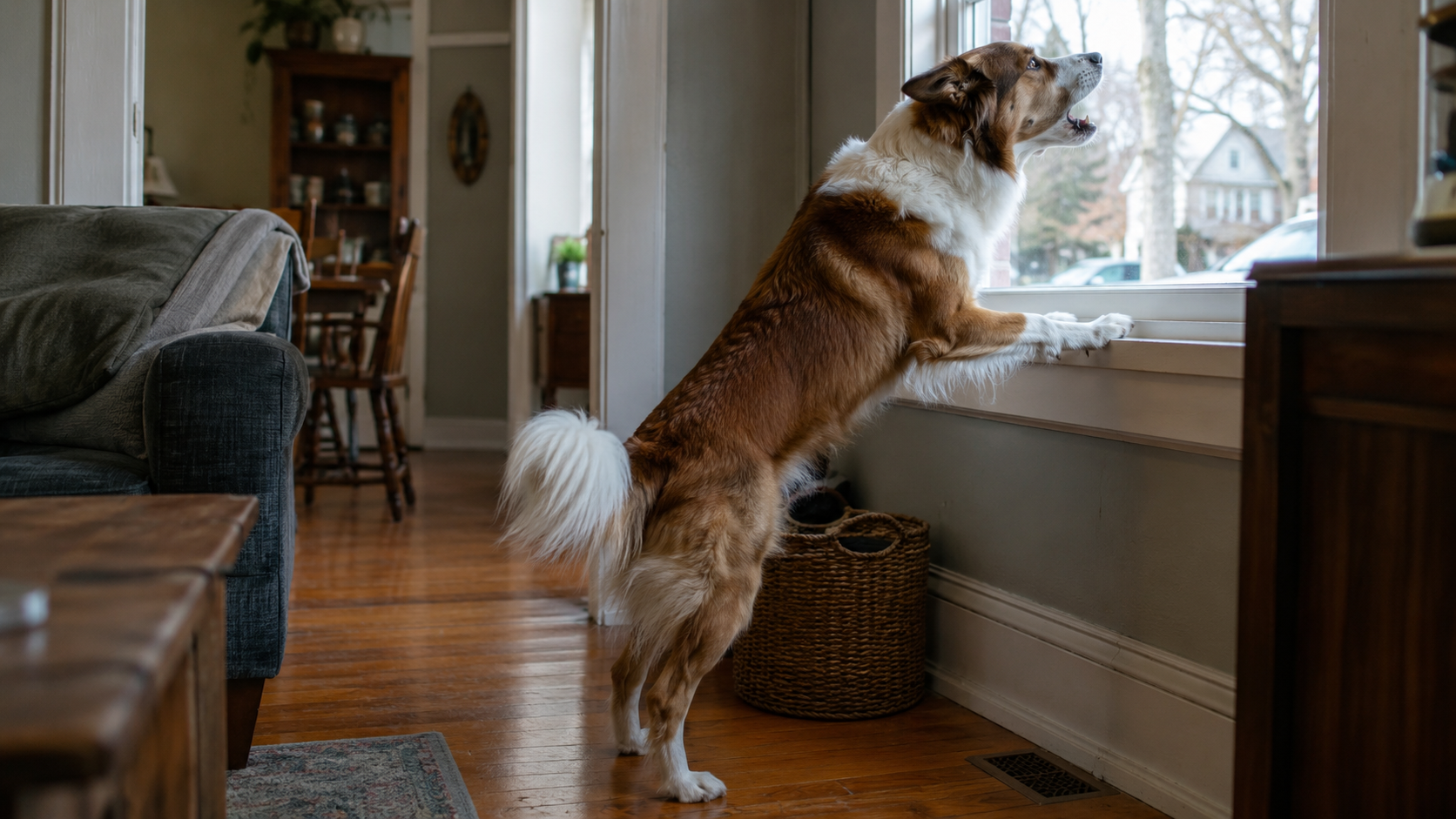 A brown and white dog up on its hind legs at the front window, barking at the street outside