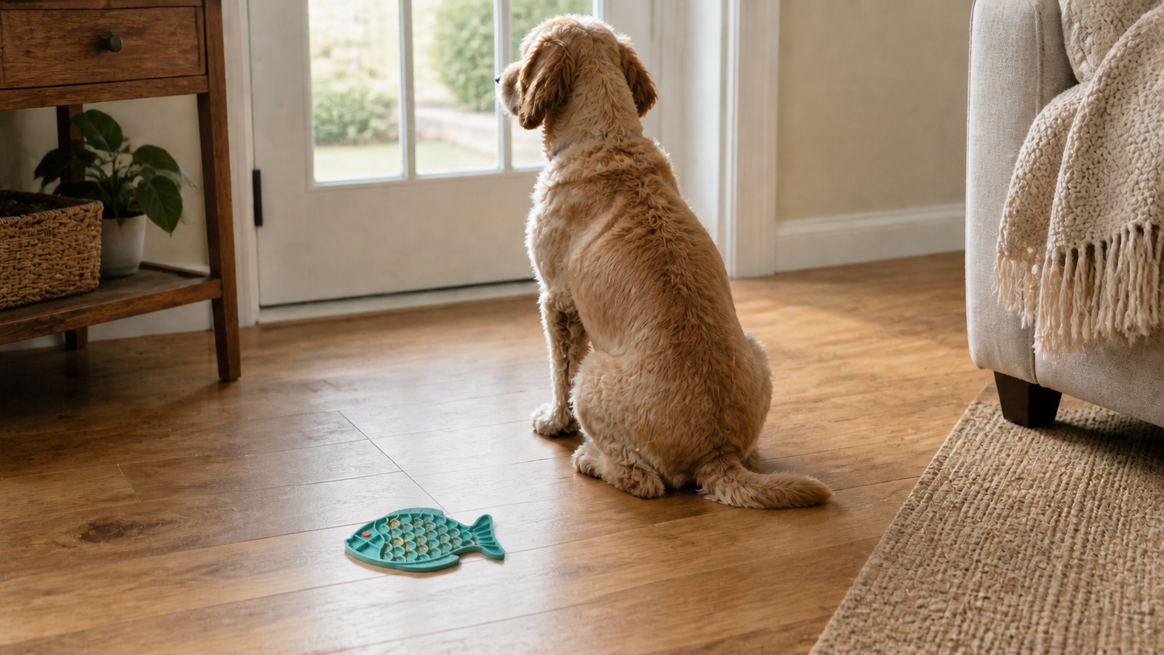 A dog looking toward the front door beside an empty teal fish shaped lick mat