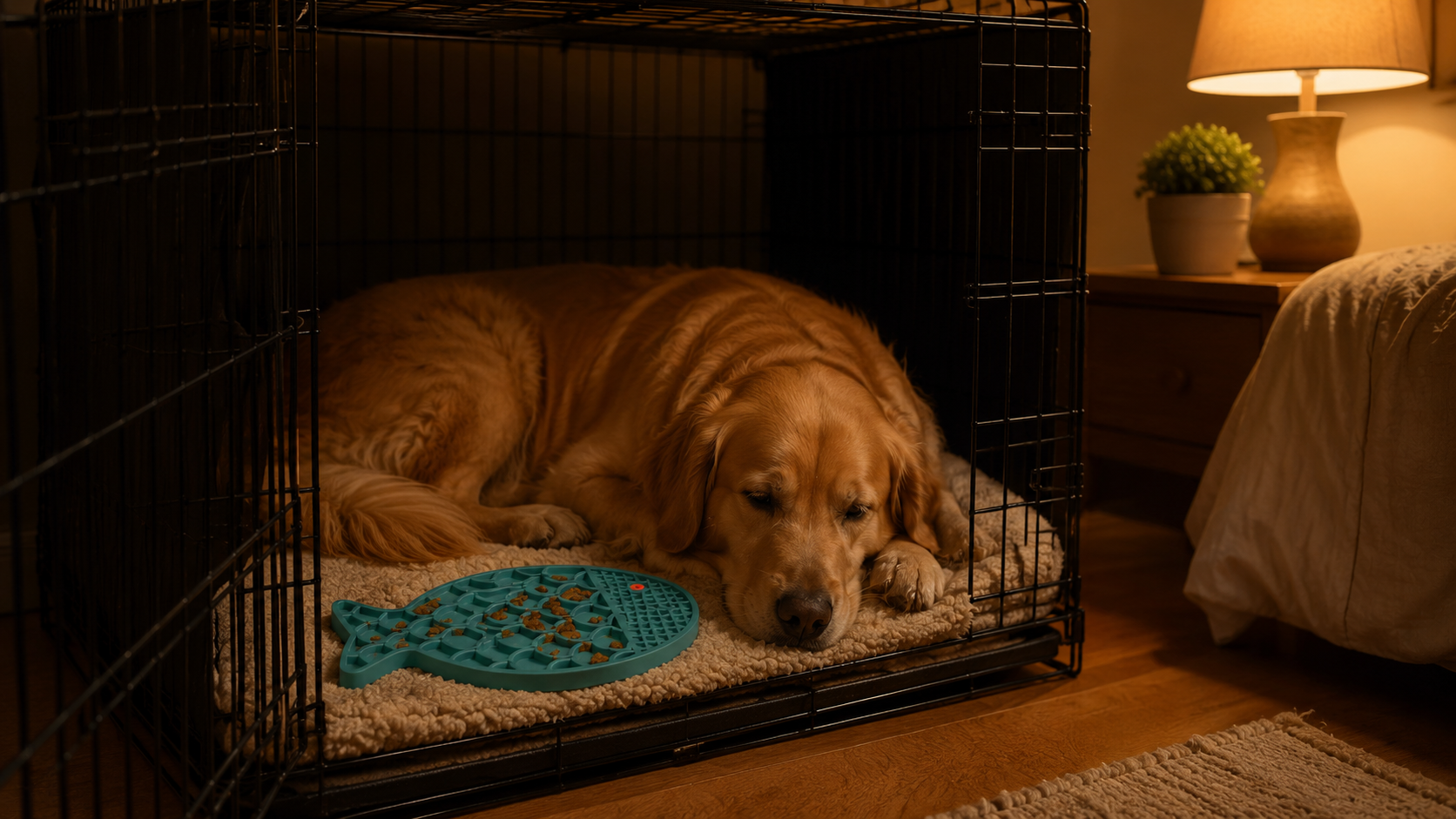 A golden retriever sleeping settled in an open crate at night with a teal fish shaped lick mat resting on the bedding