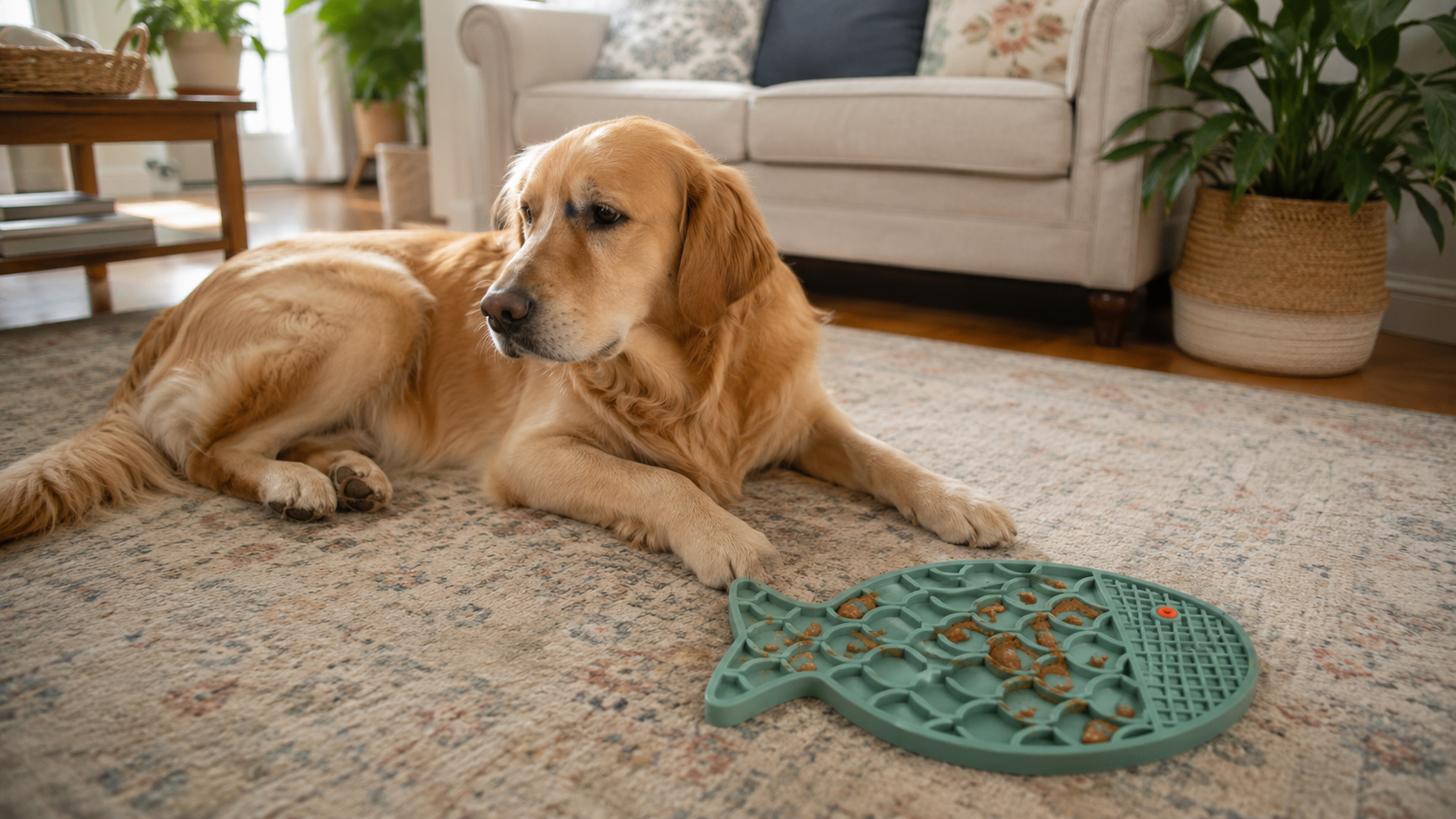 A relaxed golden retriever lying on a living room rug beside a teal fish shaped lick mat topped with food