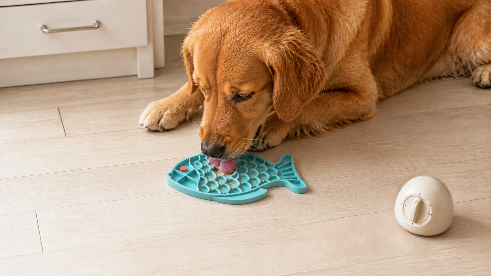 A dog licking a correctly sized teal fish mat beside a kitchen timer
