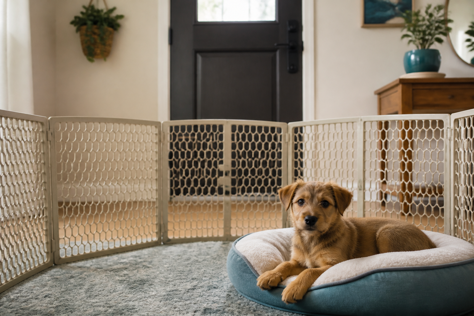 A relaxed young puppy resting in a secure playpen near the front door during a short alone training session
