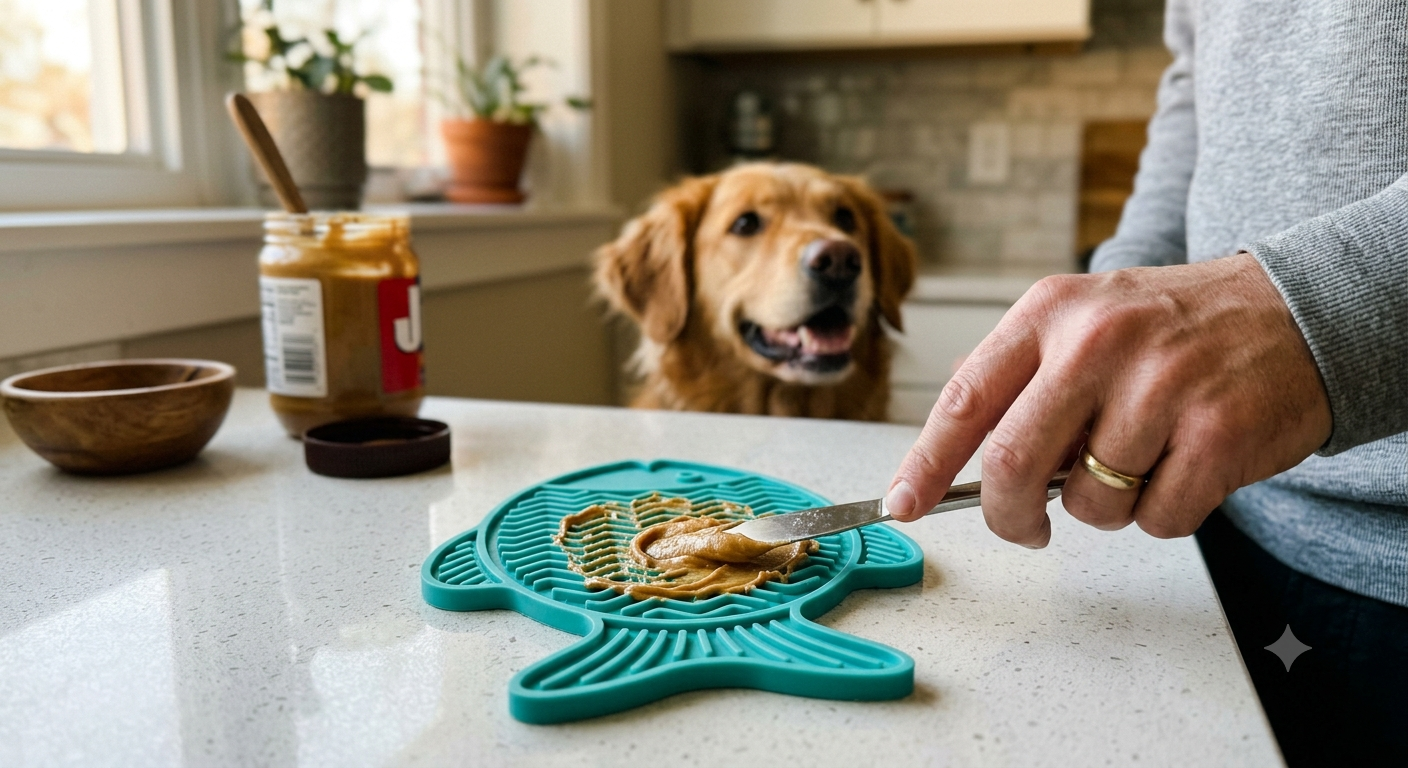 A person spreading peanut butter on a teal fish shaped lick mat while an eager dog watches
