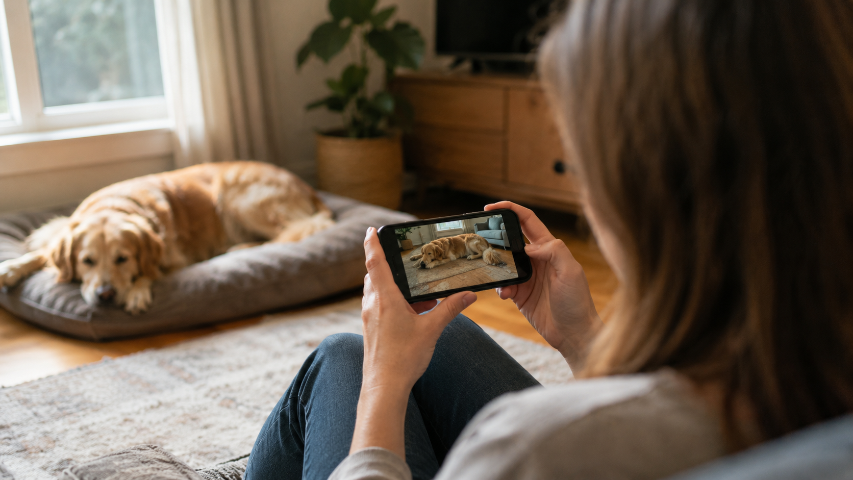 An owner using a camera to understand how their dog behaves when left alone