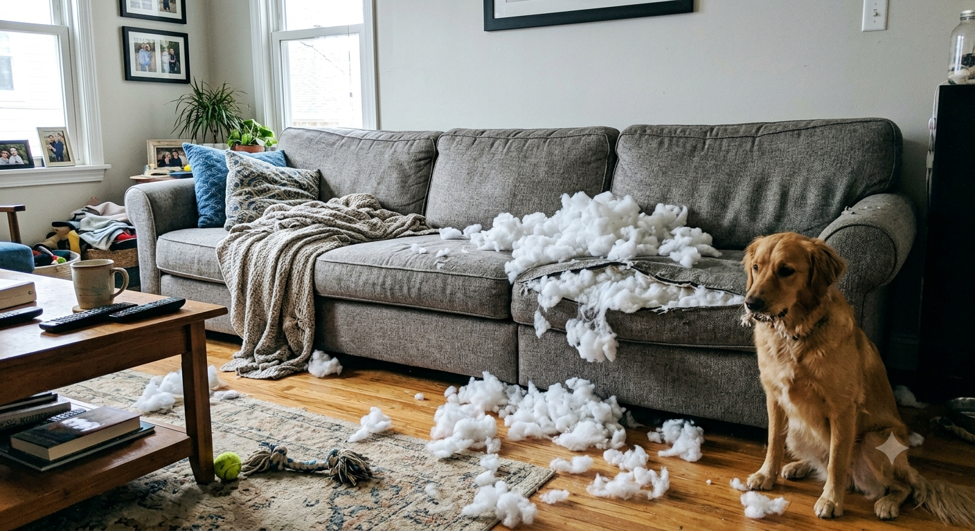 A golden retriever beside a couch with its stuffing pulled out and a chewed rope toy on the floor