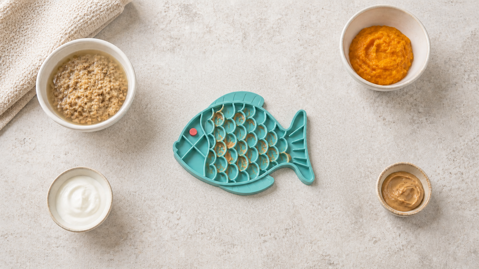 A correctly sized teal fish lick mat with modest dog-safe topping options