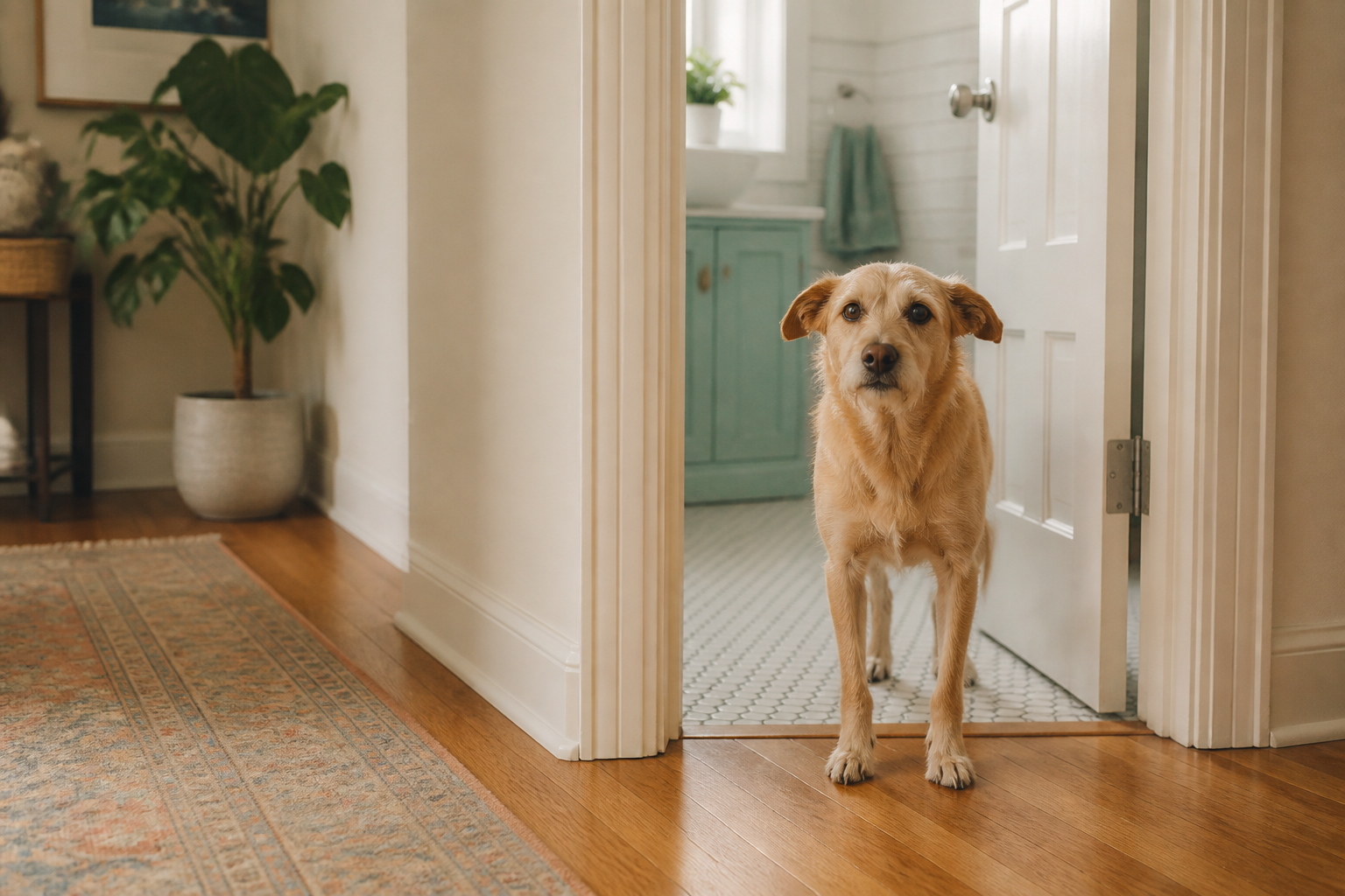 A relaxed dog standing in a bathroom doorway after following its owner through the house