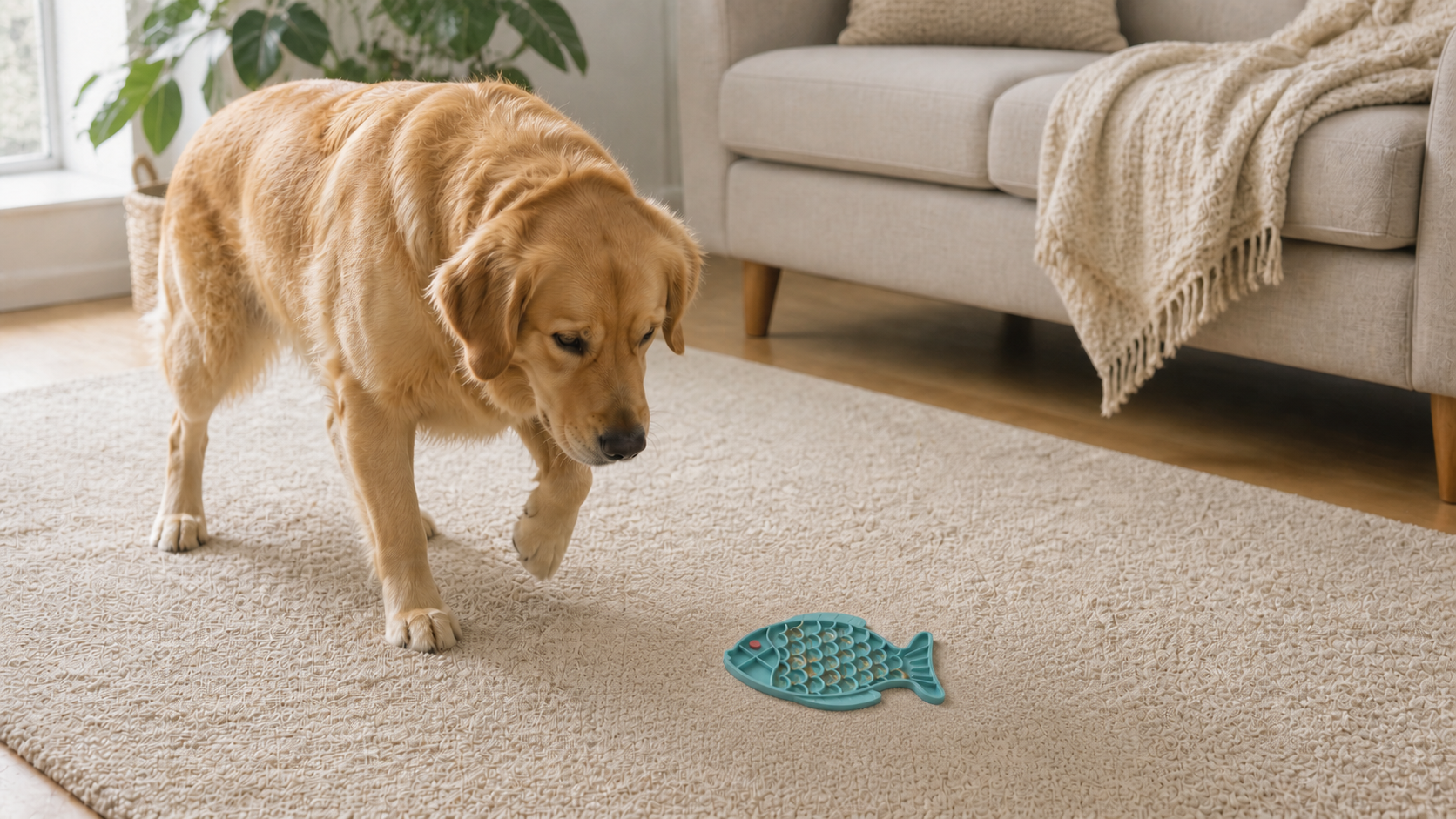 A dog cautiously approaching a correctly sized teal fish lick mat